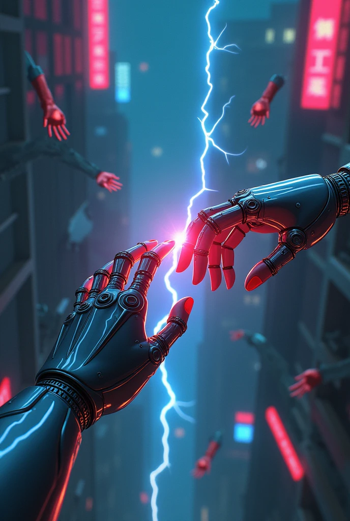 2 robotic arms trying to reach to eachother with neon lights reflection on their metal skin.cyberpunkish and the arms features like a human hand. Fregile and one girlish one hand of a man. Like a digital painting. Not so realistic. Representing horror and terror. Kinda sad environment. Each hands shoud have 5 fingers. They're trying to touch eachother but a neon electricity is made between them when they wanna do that. More pink and blue neon lights rather than red. More anime painting like.with neon futuristic building and banner in the background.  With other floatinf hands in the air. All hands should be black metal robotics. Darker background. More beautiful arms long fingers and fregile with 5 fingers like a human hands each. They can't have nails, just make both hands longer fingers like a dagger