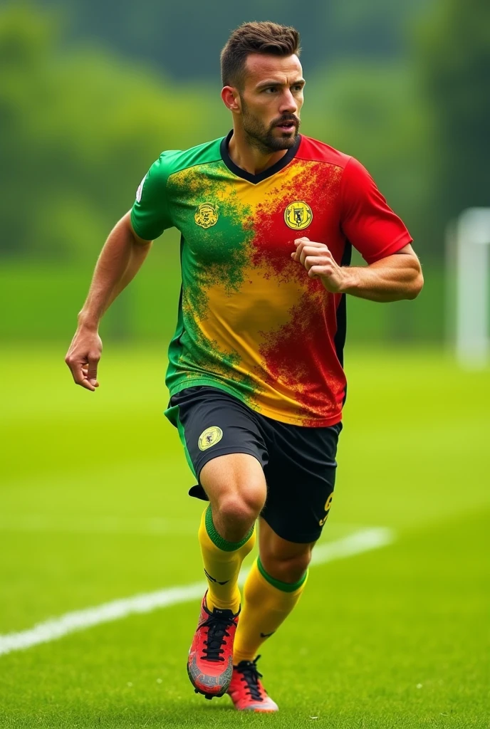Football shirt with a new design that does not exist, using only yellow colors, green and red