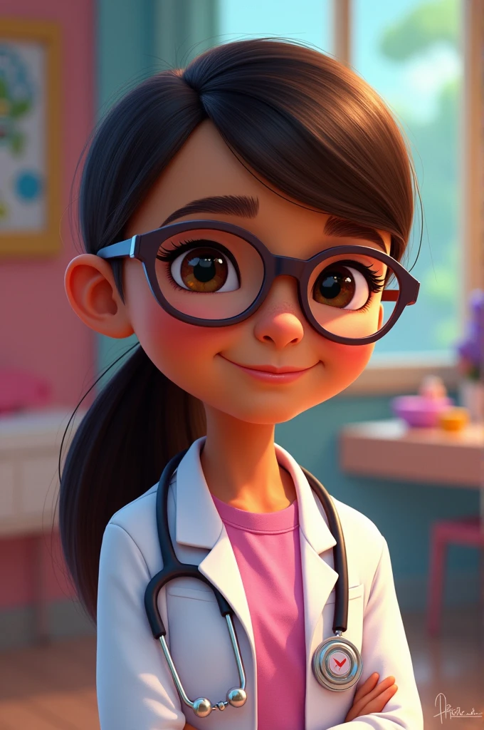 Make my sister look like Doc McStuffins, She wears glasses, She is a not very dark mestizo, She gets a subtle eyeliner and has hair down to her chest. She's a little white and do it in the style of Doctor Toys.