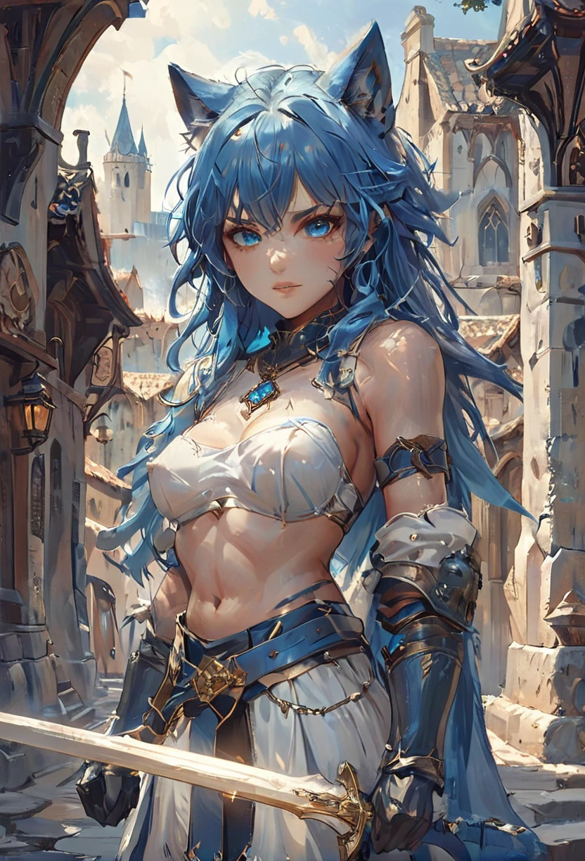 (masterpiece, best quality, ultra detailed, best shadow), (detailed background), (beautiful detailed face), stunning, gentle and happy, spell, MASTERPIECE, Gufeng map, monochrome, bright, shiny\(skill icon\), wolf ears, light blue theme masterpiece, best quality, cinematic lighting, dark, 1 girl, breasts, small breasts, alone, gloves, underboob, long hair, belly button, blue hair, hair between eyes, blue gloves, looking at viewer, fingerless gloves, bangs, parted lips, very strong abs, bandaged arm, (sweat), very strong ribs, medieval city background (big abs), (blue hair, blue eyes). wielding a sword in right hand with a white hilt, correct hilt and blade dimensions.