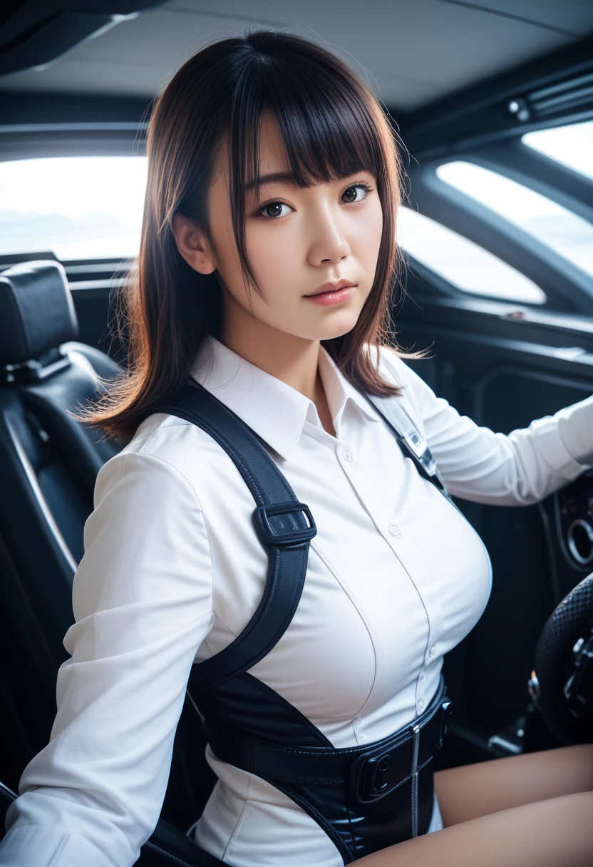 8k, raw photo, best quality, masterpiece, realistic, photo realistic, clear, professional lighting, beautiful face, best quality,ultra high res, realistic japanese beautiful, Super detailed, detailed fingers, solo, 1girl, bangs, shiny hair, detailed hair, medium breasts, curvy, pilot suit, cockpit,