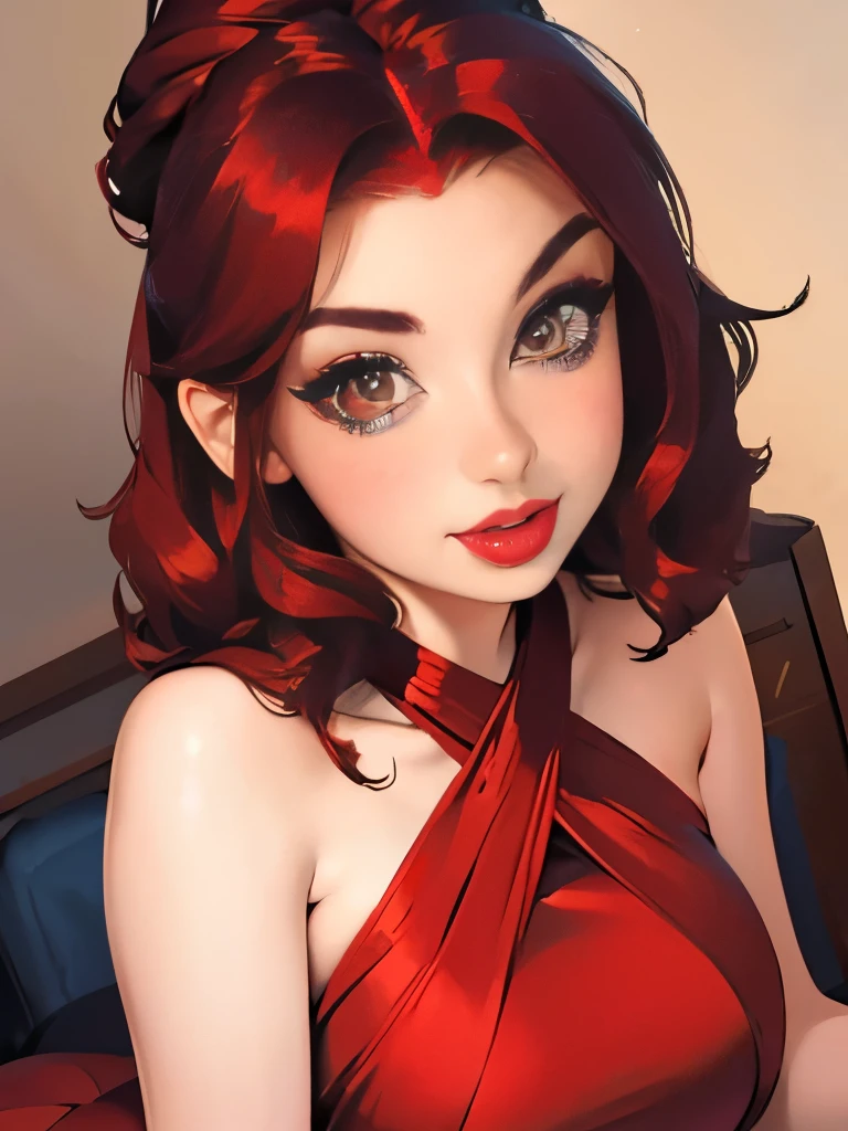 arafed woman in a red dress , better known as amouranth, cleavage, sexy look at the camera, sultry and beckoning, young beautiful amouranth, red lips, sultry smirk, high quality upload, with pale skin, cait miers, sexy red lips, thick red lips, amouranth, bella thorne
