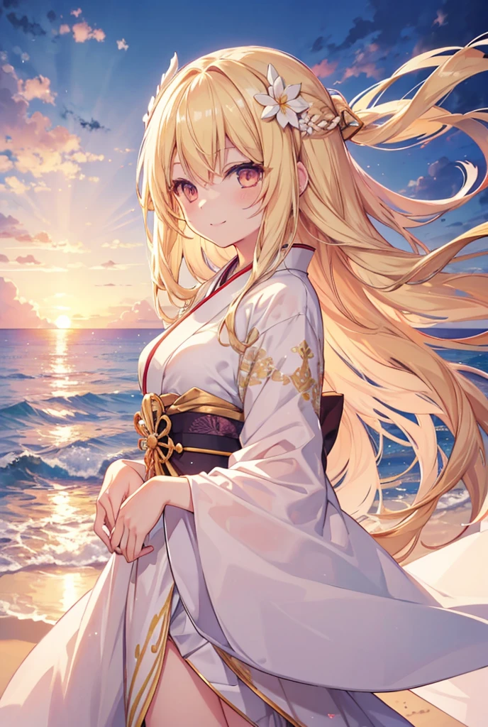 Long Hair, smile, Blonde, Golden Eyes, White dress,Sunset beach,
goddess,diesirae,Soft Light, Gentle colors, Japanese illustration style, Character Design, Anime Style,