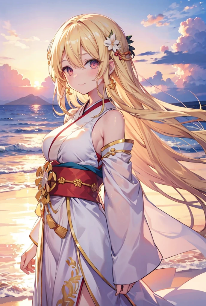 Long Hair, smile, Blonde, Golden Eyes, White dress,Sunset beach,
goddess,diesirae,Soft Light, Gentle colors, Japanese illustration style, Character Design, Anime Style,