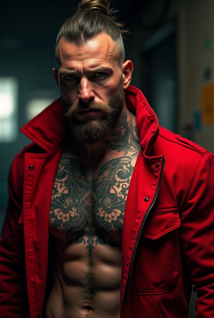 a man with a tattoo on his  and a red jacket, 