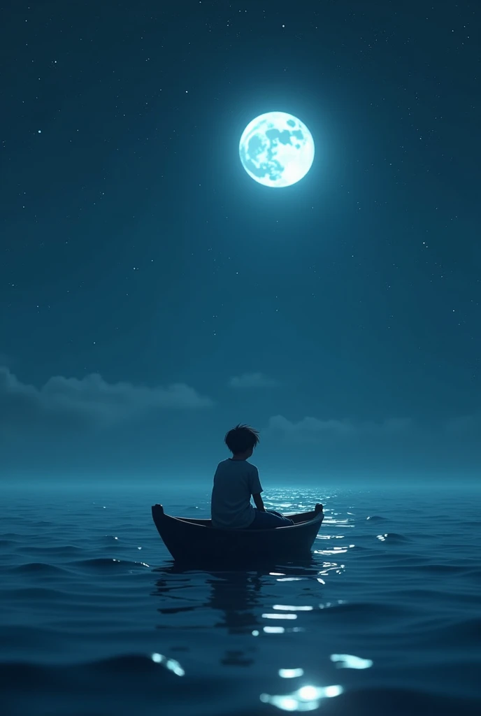 boy sitting sadly in a small boat in the middle of an ocean With shining stars in moon light
