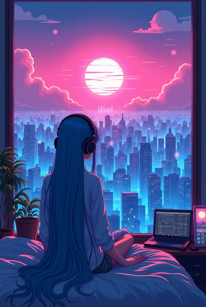 A more illustrated version of a girl with long blue hair sitting on her bed wearing headphones, looking out at a vibrant city skyline during sunset. The room is futuristic with neon lighting, featuring a computer and audio equipment. The window reveals tall city buildings glowing in pink, blue, and purple hues. The scene should have a hand-drawn, anime-style look, with softer edges and a more stylized, cartoonish feel. The atmosphere remains peaceful, with a cozy and minimalist room design, but