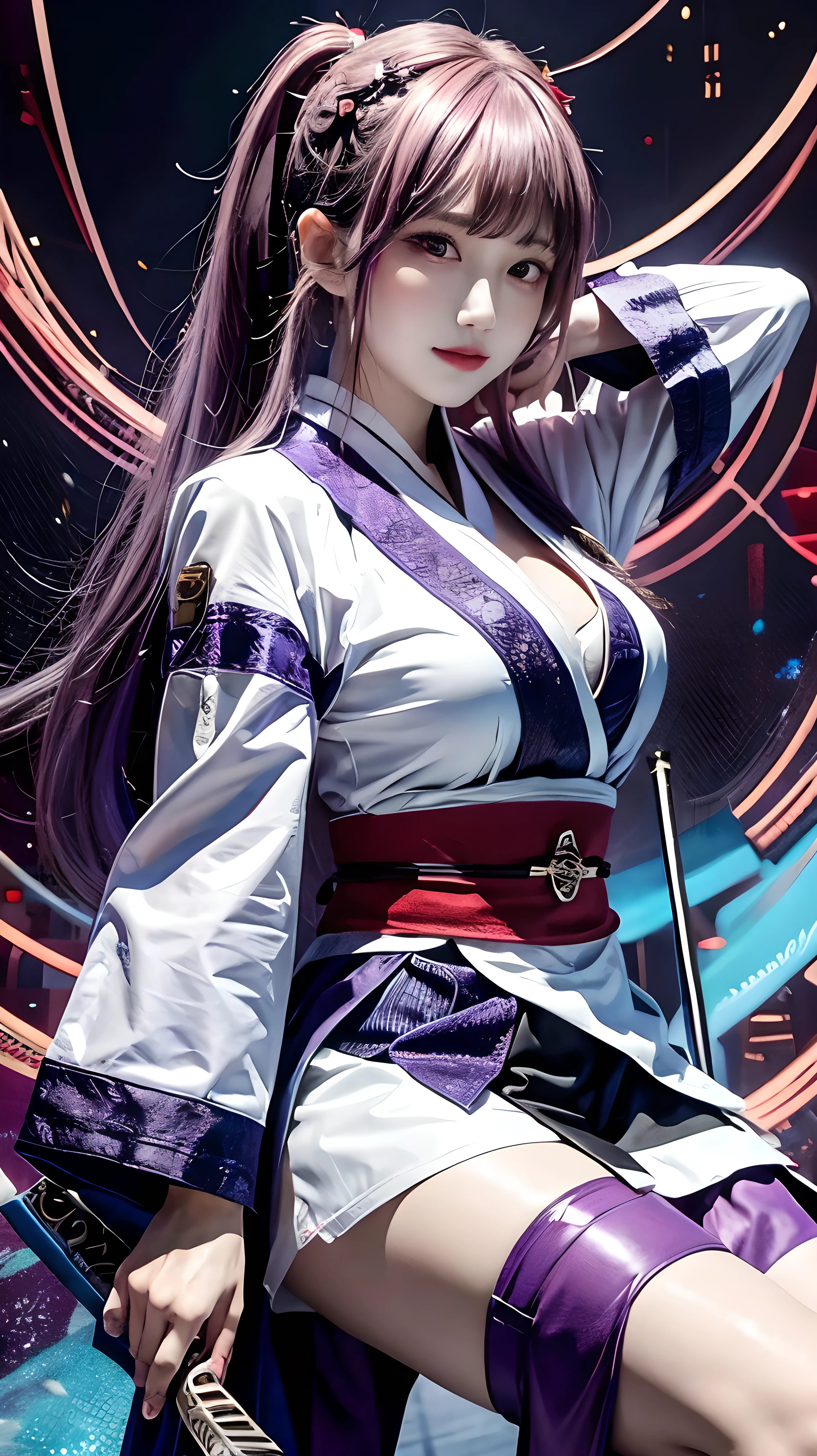 General Raiden, solo, long hair, looking at viewer, bangs, hair ornament, thigh-high socks, holding, cleavage, purple eyes, whole body, weapon, purple hair, braid, Japanese clothes, sword, wide sleeves, kimono, Possessed weapons, armor, mole, character name, sash, mole under the eye, sword, obi, gauntlet, braided ponytail, purple nails, electricity, purple kimono, obijime, tomoe (symbol), mitsudomoe (shape), Unsheathed sword, human scabbard,