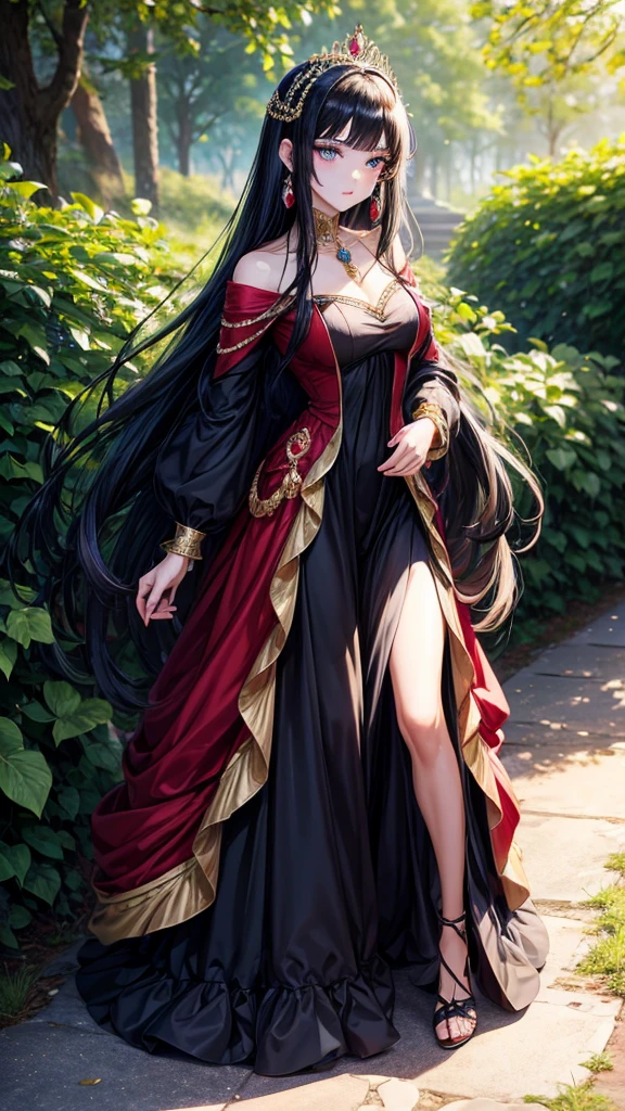 アニメ , an 18 year old princess, pretty, {gold tiara with sapphire and ruby stones}, {face perfect}, {Bblack hair}, {blue colored eyes}, {asymmetrical eyes}, {perfect nose}, {red lips}, {full body 5.0}, {modern long dress inspired by princesses in red and black with rich details}, {facing the front, looking at camera}, {walking in a forest}
{8k image}, {128k ultra resolution}, {ultra quality 128k}, {128k high quality sharpness}