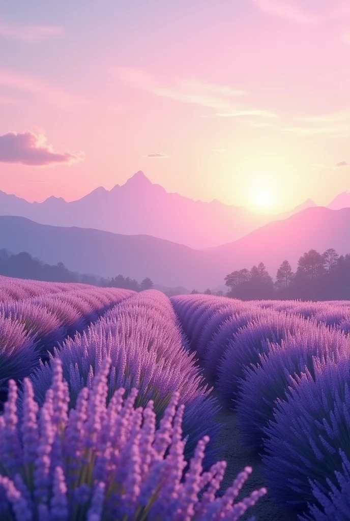 A vast lavender field at dusk。Lavender purple flowers々is bathed in the warm orange light of the setting sun.、In the distance, a pale purple mountain々I can see。The sky is a soft pink and orange gradation、Clouds are blowing in the wind。