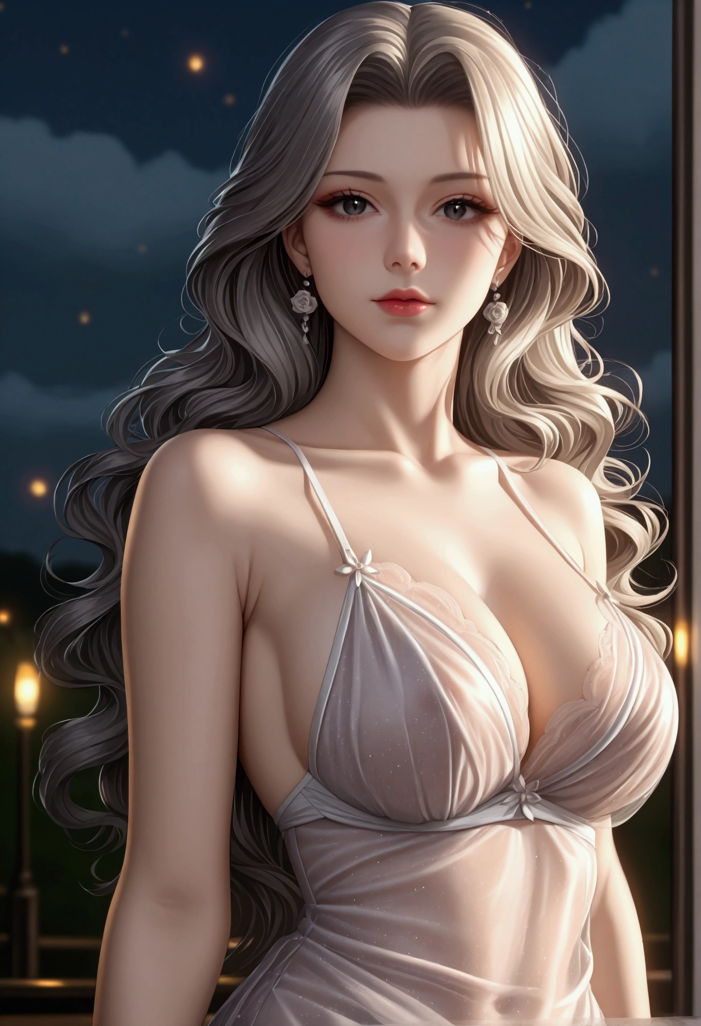 score_9, score_8_superior, score_7_superior, High-resolution CG illustration,A masterpiece in 32K resolution,Highest quality,it is really amazing,Very detailed,Ultra-high resolution,Ultra-realistic,Realistic,Increased depth of field,Cinematic lighting,
Elegant mature Japanese woman,
Shiny silver hair,Wavy long hair,Showing his forehead,god々Beautiful,Ultra-detailed and beautiful face,Sensual look,Beautiful dark brown, moist eyes,Pitch black eyes,Glowing, moisturized skin,Translucent white skin,born々New skin texture,Great proportions,
Elegant wine-red slit dress,spaghetti straps,Deep slit,Detailed and beautiful lace decorations,born地の柔らかな質感,
Black panties,
Black Stockings,
A dark and blurry night background,Dark overcast sky on a dull night,Dark clouds filling the sky,Thundercloud,Coastline at night,Golden reflections on the sea surface,delay々A desolate sandy beach that continues,
Dramatic Angle,