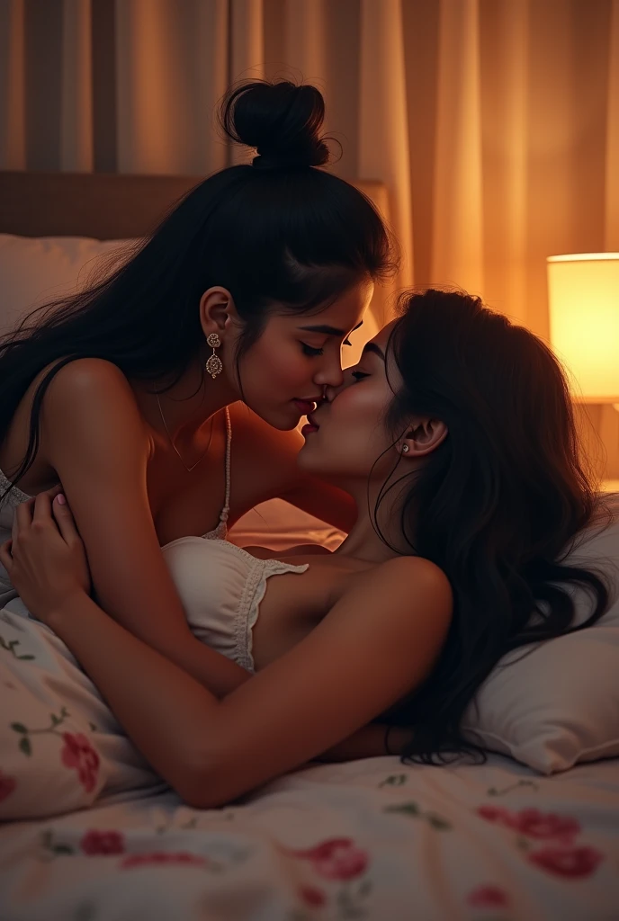 Create a image of a 25 year old indian girl in a room long black silky thick hair in high bun hair style her 24 year old boyfriend romancing with each others on bed