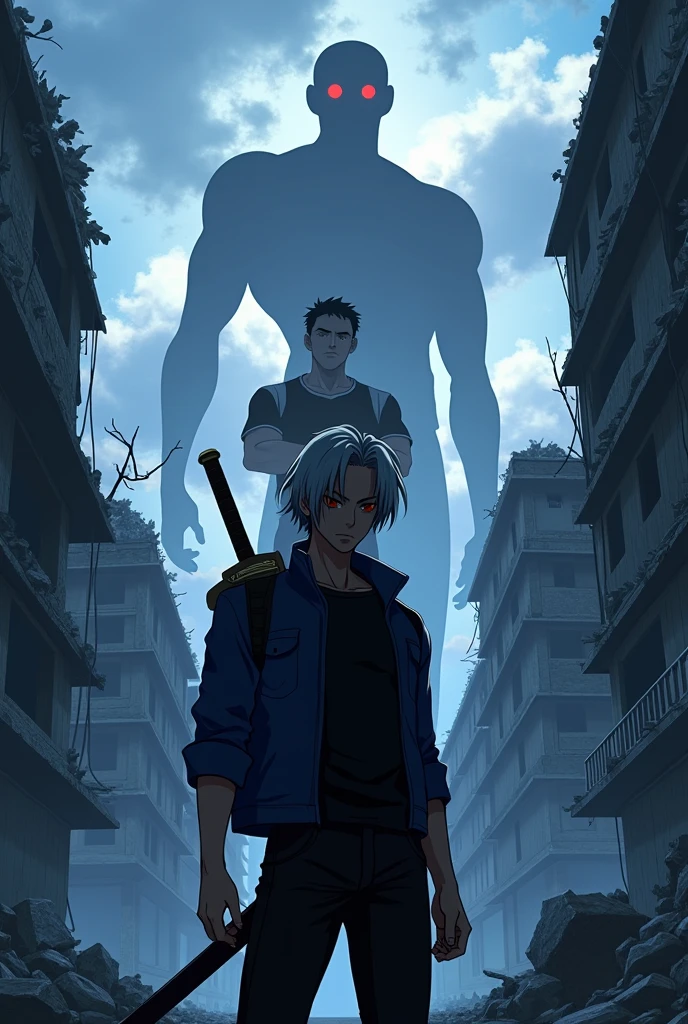 silhouette of Future Trunks (serious, by address, black shirt and blue jacket and a sword on the back) In a destroyed and shattered city anime style in the sky the silhouette of the faces of android 18 ( blonde girl with arms crossed, Menacing red glowing eyes , Black t-shirt with white sleeves with black stripes) and android 17(black haired boy with menacing red eyes, Black t-shirt with white sleeves with black stripes y un pañuelo en el pecho de color naranja)