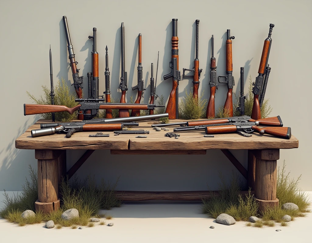 Différentes armes de toutes sortes, posées sur une table en bois. realistic, detailed.