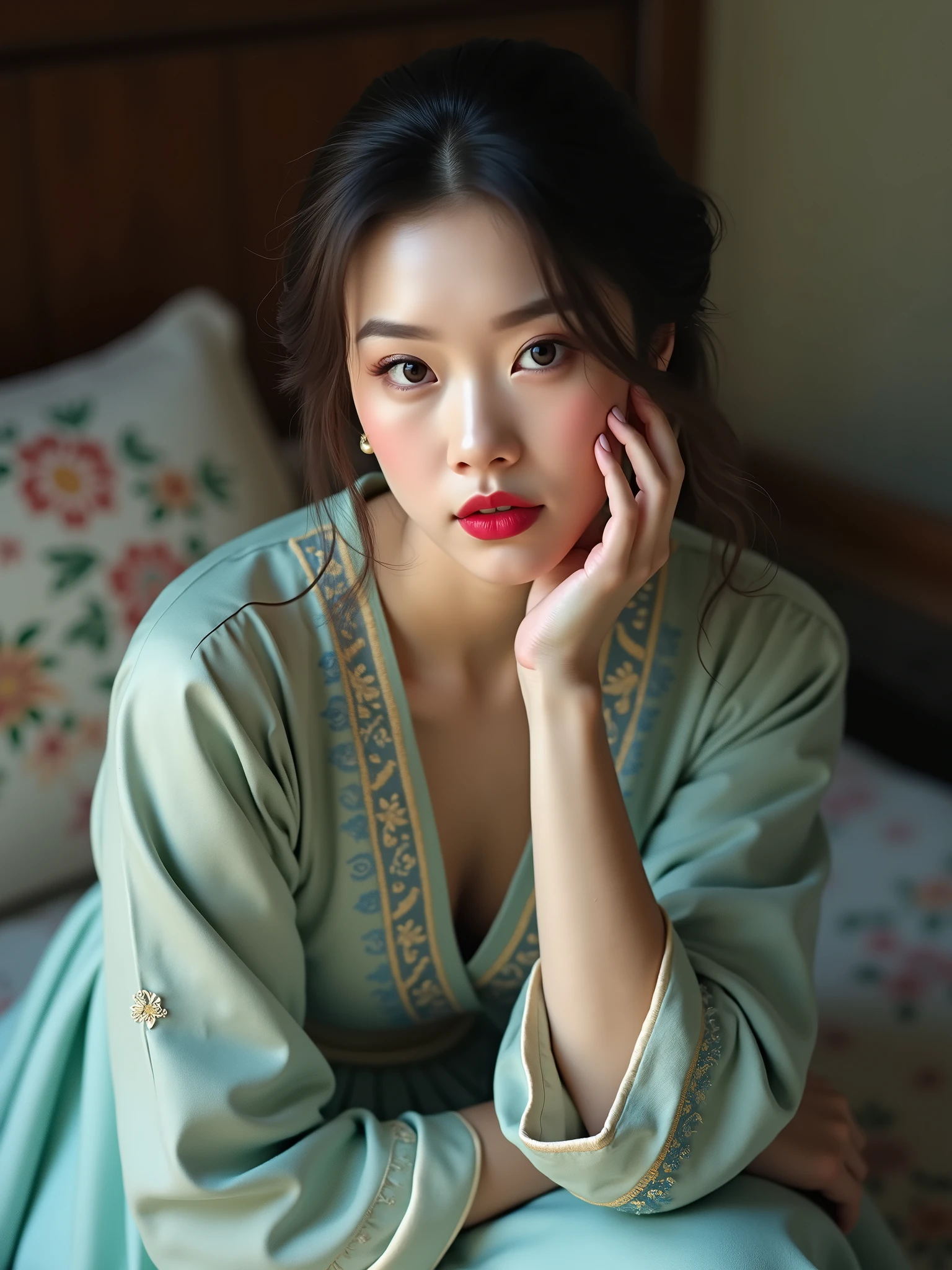 A woman is seated, wearing a traditional blue and gold embroidered dress with intricate patterns. She has her hand on her face, touching her lips with red lipstick. Her eyes are looking directly at the camera. The background shows part of a bed with a floral patterned pillow.