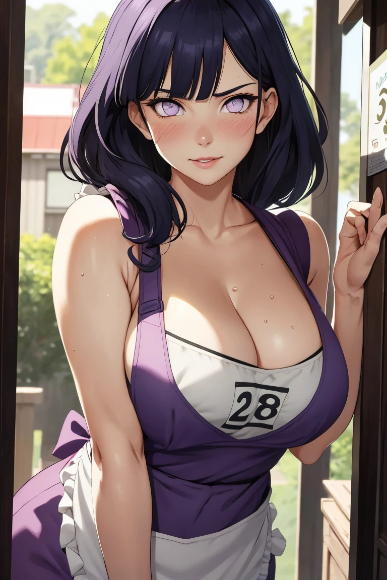 Made, absurderes, Hinata\(Boruto\), 1girll, Solo,Mature female, view the viewer,Perfectcomposition, Detailed lips, big breast, Beautiful face, body propotion, nipple, groin, bellybutton, sitting, Blush, Long hair, Purple eyes, Soft Gaze, Sticky Liquid In the mouth, Sticky Liquid in the Breast, Super realistic, Detailed, photoshoot, Realistick faces and bodies，（perspire，Sweat a lot，Blushlush，Be red in the face，Blushlush），（Bigboobs），Outdoors，Stand at the door of the phone booth，natta，raining day, ((apron)), ((cleavage)), sideboob