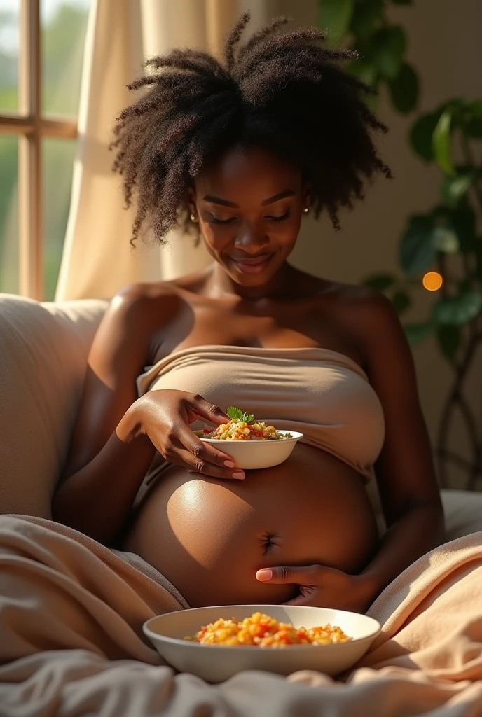 Beautiful pregnant black woman eating