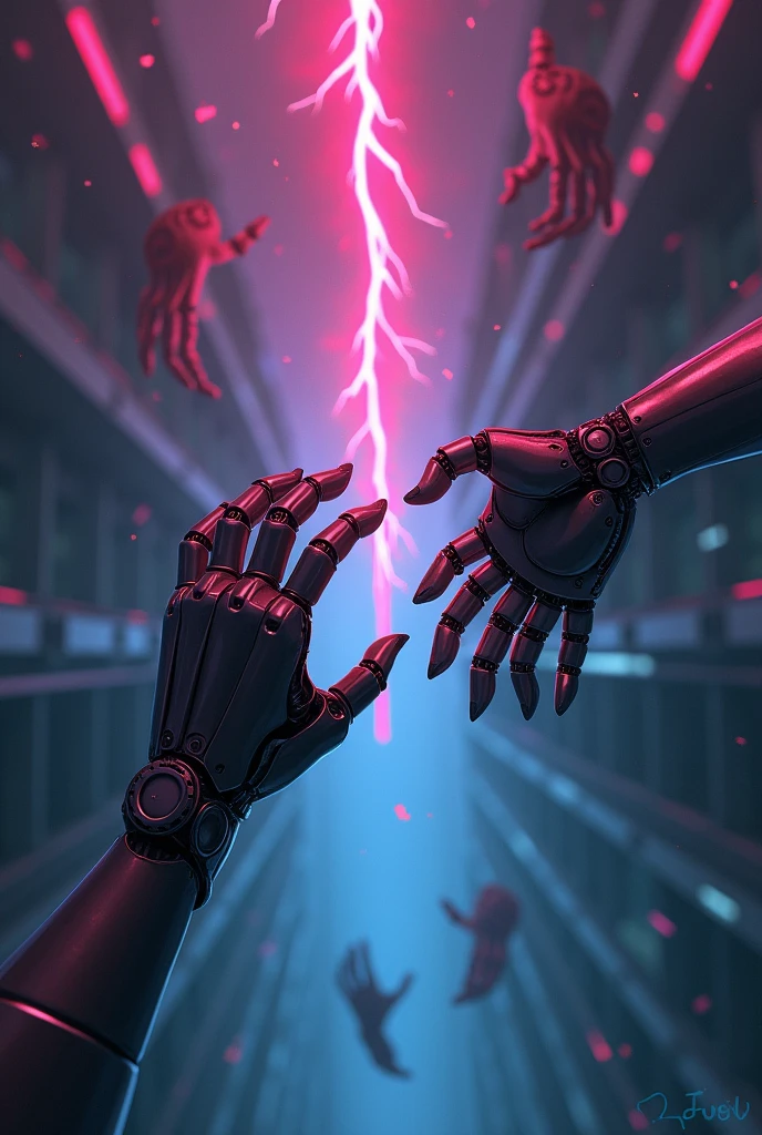 2 robotic arms trying to reach to eachother with neon lights reflection on their metal skin.cyberpunkish and the arms features like a human hand. Fregile and one girlish one hand of a man. Like a digital painting. Not so realistic. Representing horror and terror. Kinda sad environment. Each hands shoud have 5 fingers. They're trying to touch eachother but a neon electricity is made between them when they wanna do that. More pink and blue neon lights rather than red. More anime painting like.with neon futuristic building and banner in the background. With other floatinf hands in the air. All hands should be black metal robotics. Darker background. More beautiful arms long fingers and fregile with 5 fingers like a human hands each. No nails. both hands having longer fingers like a claw
