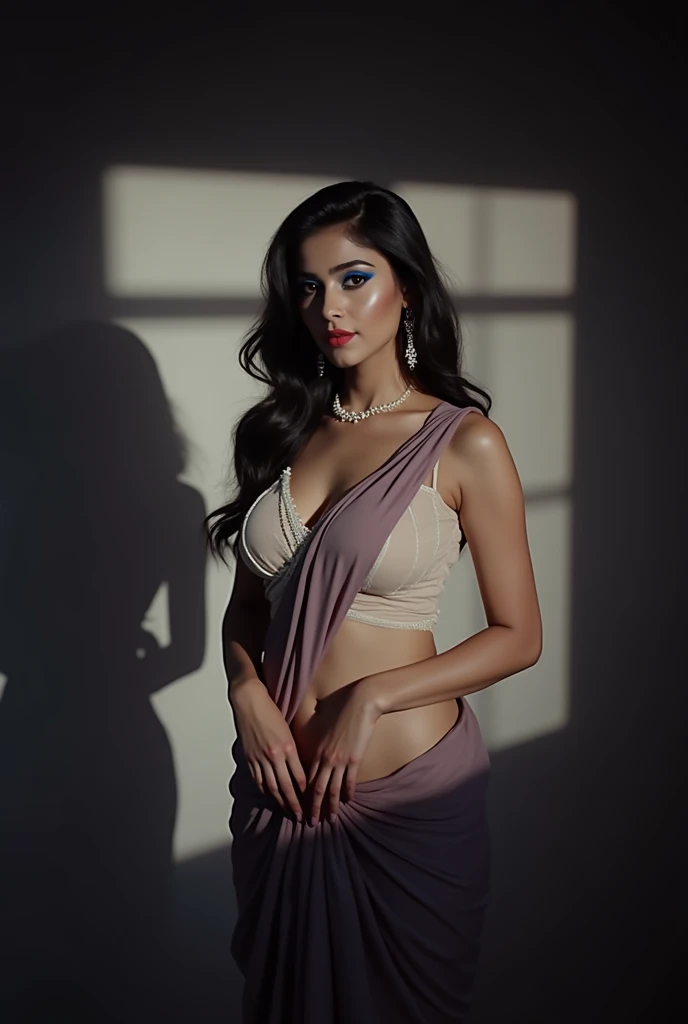ultra realistic 8k cg, picture-perfect face, flawless, boobs nipple crops clean, masterpiece, professional artwork, famous artwork, cinematic lighting, cinematic bloom,
super realistic 8K, Perfect, clean , masterpiece, Professional artwork, famous artwork, face perfect,
43yo girl, solo, alluring step mom,(sexy Bangladeshi women:1.2),
beautiful woman,very sexy appearance, seductive , rosy cheeks, smooth skin,
huge breasts, smooth face, detailed face, smooth skin,shiny skin,highly detailed face, detailed face, perfect proportions, well-proportioned body of six heads, huge breasts, thin waist, navel, big butt , crotch gap, large thighs,mature,toned legs, long neck, big ,detailed hair, ,detailed breasts, slim waist,beauty, long eyelashes, hourglass body, juicy lips,Beautiful expression, beautiful eyes,
Looks good with straight long hair,
Black hair, long hair, silky hair, detailed bangs, (hair between eyes:1.2),
((Light olive eyes:1.2)),
gorgeous bright neon blue eye makeup and thick black winged eyeliner, peachy matte lipstick, looking into the camera,
detailed eyebrows,
(hourglass body:1.3), ultra detailed, best illustrated, showing off, seductive_pose, sexy eyes,full-body_portrait, Intrinsic exquisite details of (eyes, hair, skin, face, hands, fingers, anatomy), stunning otherworldly beauty, sexy pose,
She is Wearing (Red Georgette Saree:1.5),(Boat Neck Design Blouse:1.5),
full and juicy lips(dark red lipstick), belly jewelery, pearl necklace, pearl ear_rings, perfect fingers and nails, red_fingernails, golden ratio, seductive_pose, big_boobies,deep cleavage,
,professional photoshot, incredibly beautiful woman in the form of a 'Desi Milf', elegant wild beauty and attractiveness, seductiveness and inaccessibility, beautiful, photoshot for Vogue magazines, sensual, ultra detailed, ,mature female,1 girl,cowboy_pose,naughty, (iu:0.8),cleavage,