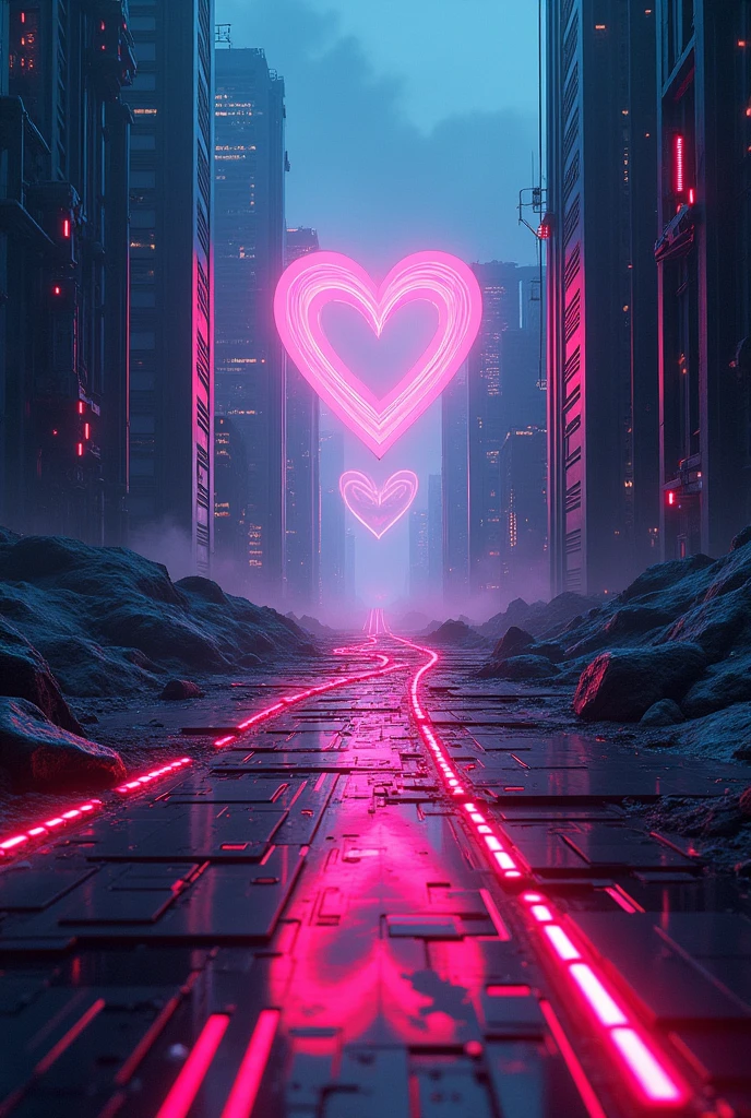 an abstract cyberpunk style illustration of a beautiful path with a radiant heart at the end in proportion 3:2