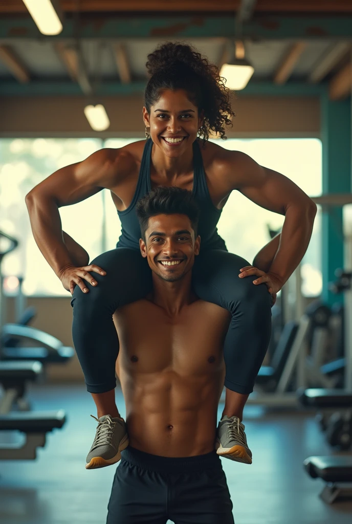  a smiling and beautiful indian actress in gym outfit carrying a large chubby man on her shoulders in a gym, man is sitting on top of her shoulders , man on top, woman at bottom 