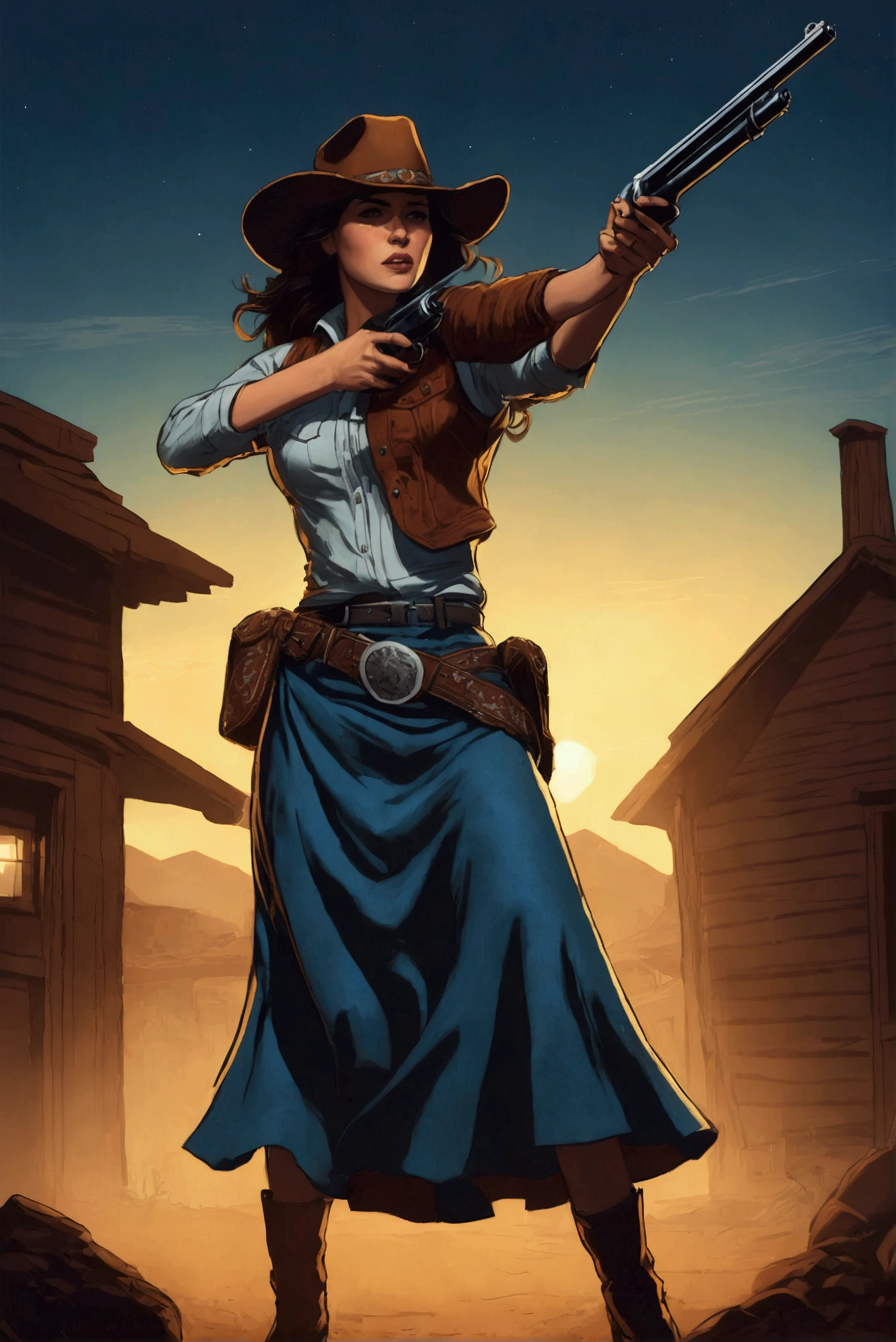 An illustration of a cowgirl woman with longskirt, shooting a rifle. at us, at night. emotional. rage. Adventure.
