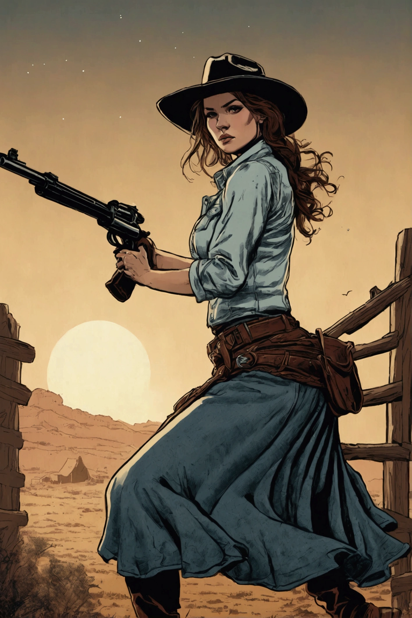 An illustration of a cowgirl woman with longskirt, shooting a rifle. at us, at night. emotional. rage. Adventure.