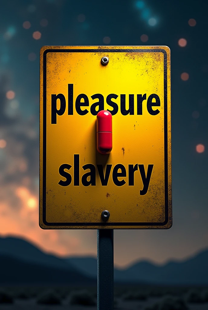 Make a yellow sign with the following text written in black: "Pleasure and Slavery"
Place in one of the corners a cylindrical red pill in the center and a galaxy or stars (universe) No fundo
