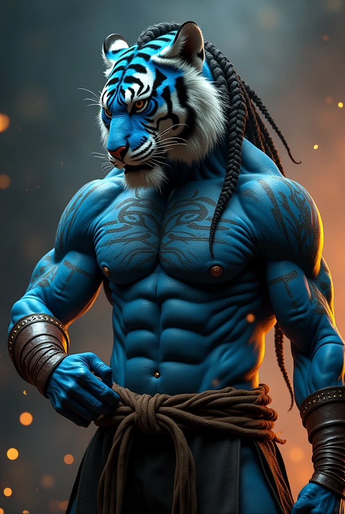 a hairy and muscular blue tiger man, skinny, Athletic, wearing fingerless leather gauntlets, long braided dreadlocks, scars and tattoos, tattered jeans, hyper detailled, 8k, photorrealistic, dramatic lighting, film composition, dark and moody atmosphere, warm color palette has white fur on the chest, it's confusing, martial artist, action pose