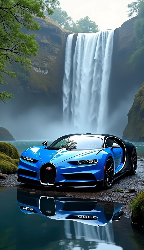 Blue Bugatti centodieci with a waterfall landscape background for wallpaper