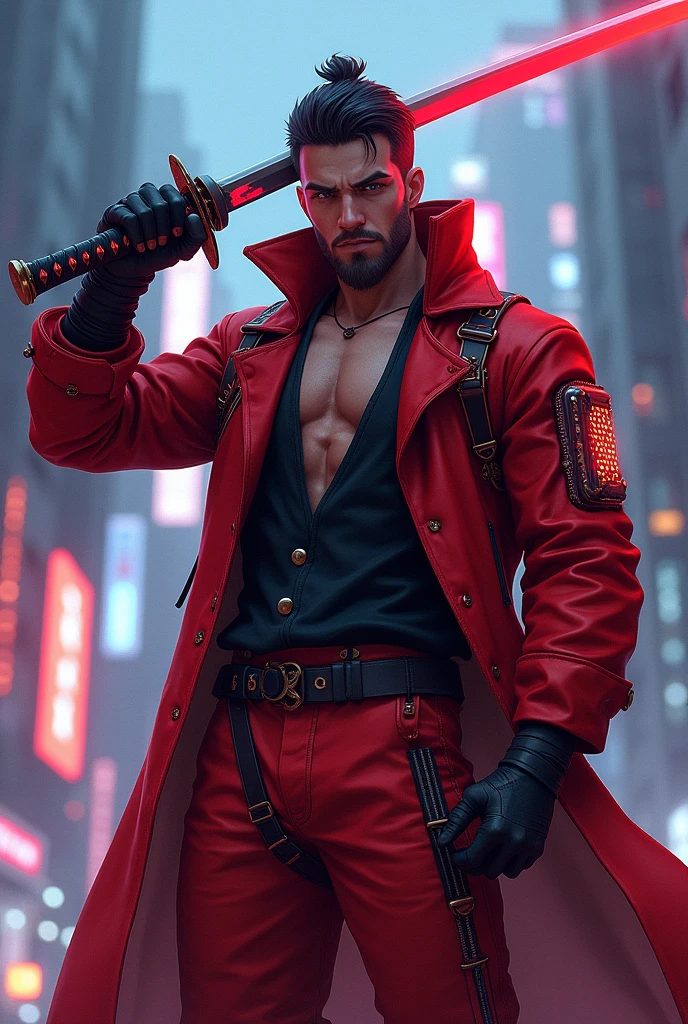 cyberpunk anime badass man in red whit katana
