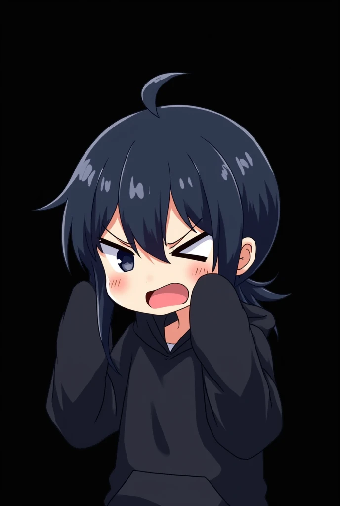 Blank Black background , involved Anime girl , dark blue hair , modern day mullet hair style , black hoodie , closed eye > < , frustrated , holds her hair , mouth slightly open , chibi