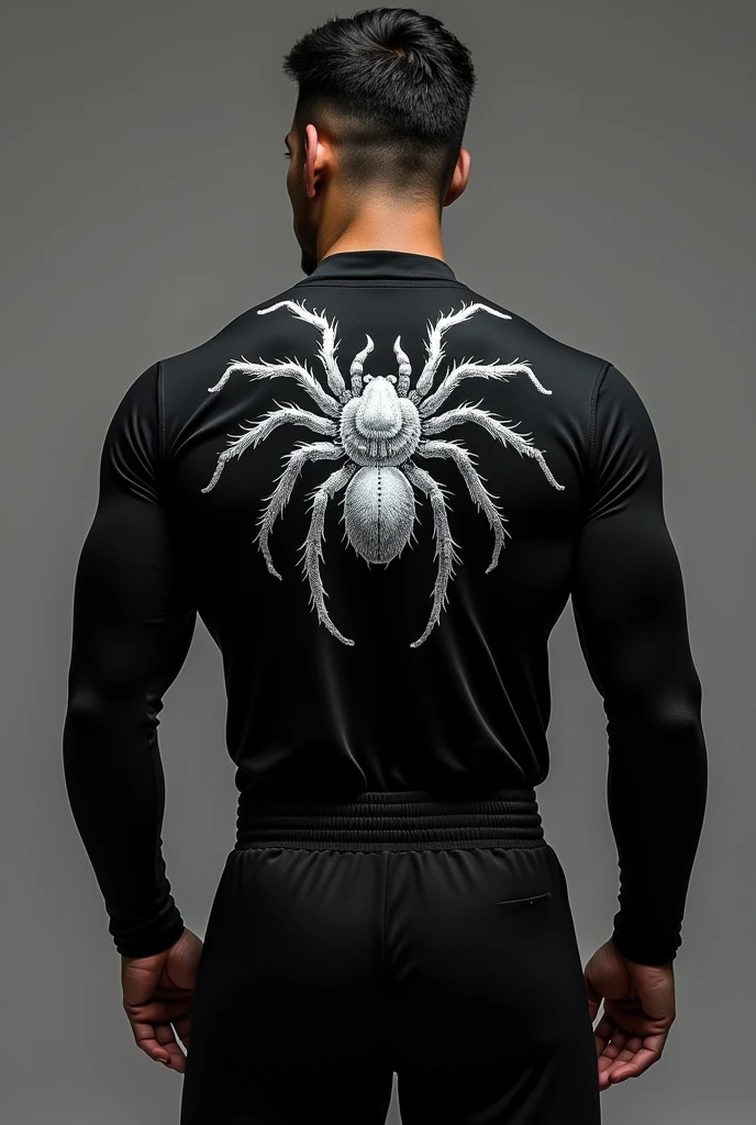 Black training uniform with white drawing of a tarantula on the back