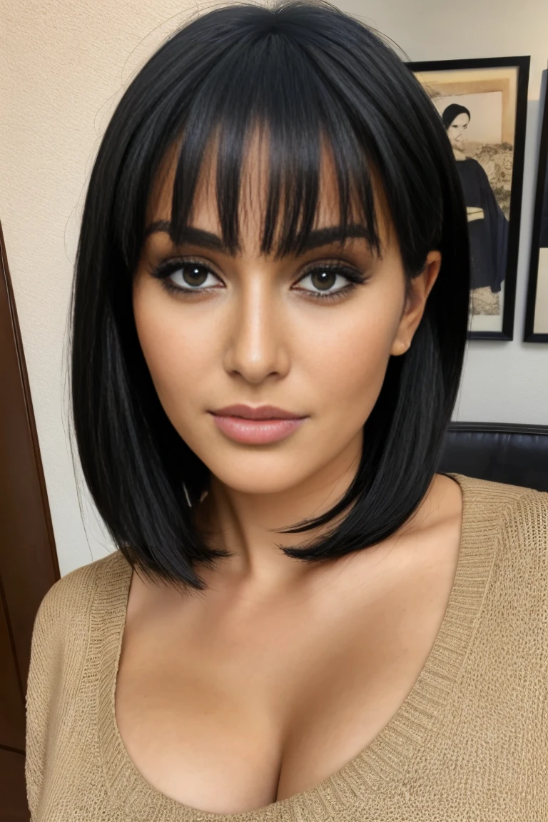 style:absolute | Jean gorgeous face short black hair , as a 45_old woman, glamur big hips, tan_skin, oiled_body, pouting lips, black hair, hair_bun, bangs, spanish, greek,czarny sweater with a large neckline , highly-detailed, , thick_lips, lush_lashes, , almond_eyes, Big breast