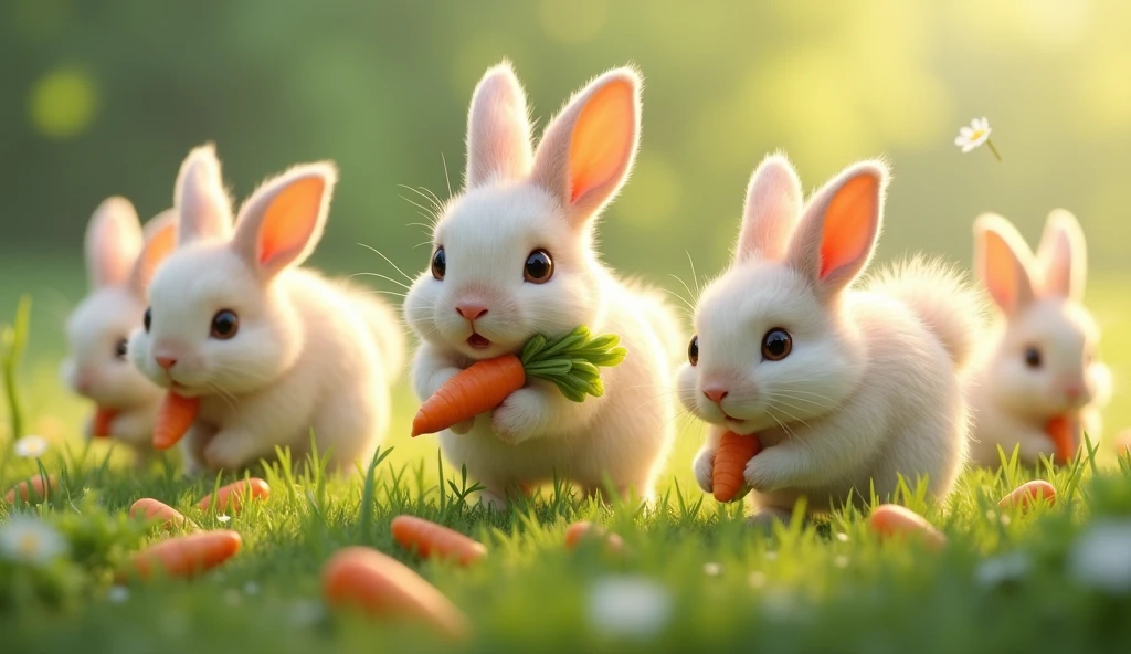 In the field, many rabbits hop,
Nibbling on carrots, they never stop.
With fluffy tails and twitching noses,
They hide away when danger poses.