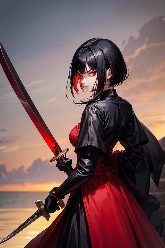 a woman, red-black medieval outfit, holding a sword behind back, serious expression, short black hair, red eyes, looking down at viewer