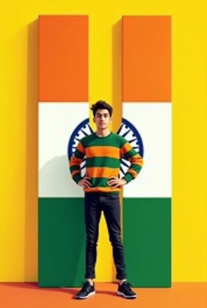 The image is a digital illustration of a young man standing in front of the letter "H" which is the national flag of India. The man is wearing a green and orange striped sweatshirt, black pants, and black sneakers. He has dark hair and is posing with his hands on his hips. The letter H is made up of three vertical blocks, with the colors of the Indian flag - orange, green, and white. The background is a gradient of orange and yellow, representing the colors in the flag. The overall mood of the image is vibrant and energetic.