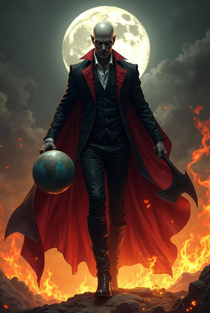 black male, stark, evil face, baldie, wearing a black and red suit. Holding a globe in one hand and an axe in the other hand, dancing in the fire on a full moon night