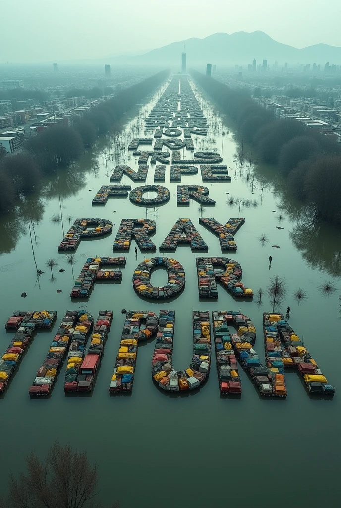 Create an aerial view of a vast flooded city with buildings and mountains in the distance. The foreground is filled with countless vehicles and tents arranged in a grid pattern, forming large letters that spell out PRAY FOR TRIPURA. The scene should convey a sense of urgency and focus, with the letters made up of the vehicles and tents standing out prominently against the FLOODED background.