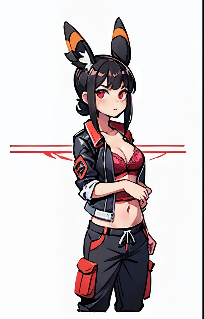 Black hair, Umbreon ears, red eyes, black cargo pants, pink lace bra, médium breast, open leather jacket 