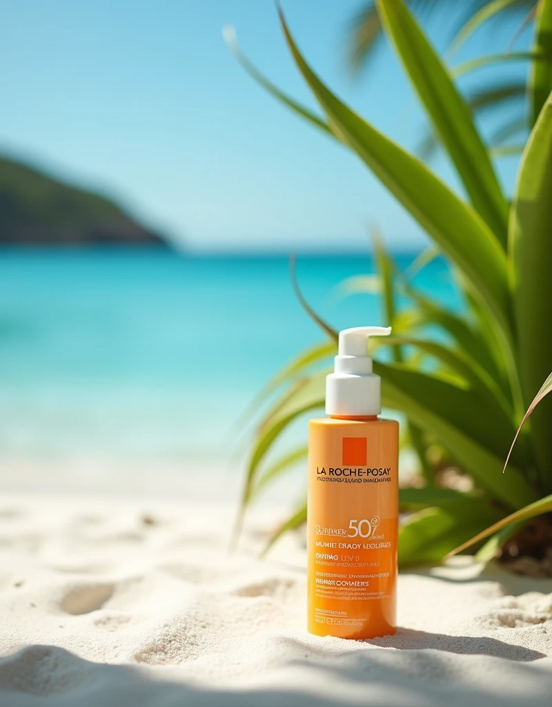 LA ROCHE POSAY BRAND SUNSCREEN ON A BEACH WITH NATURAL LIGHT AND PLANTS