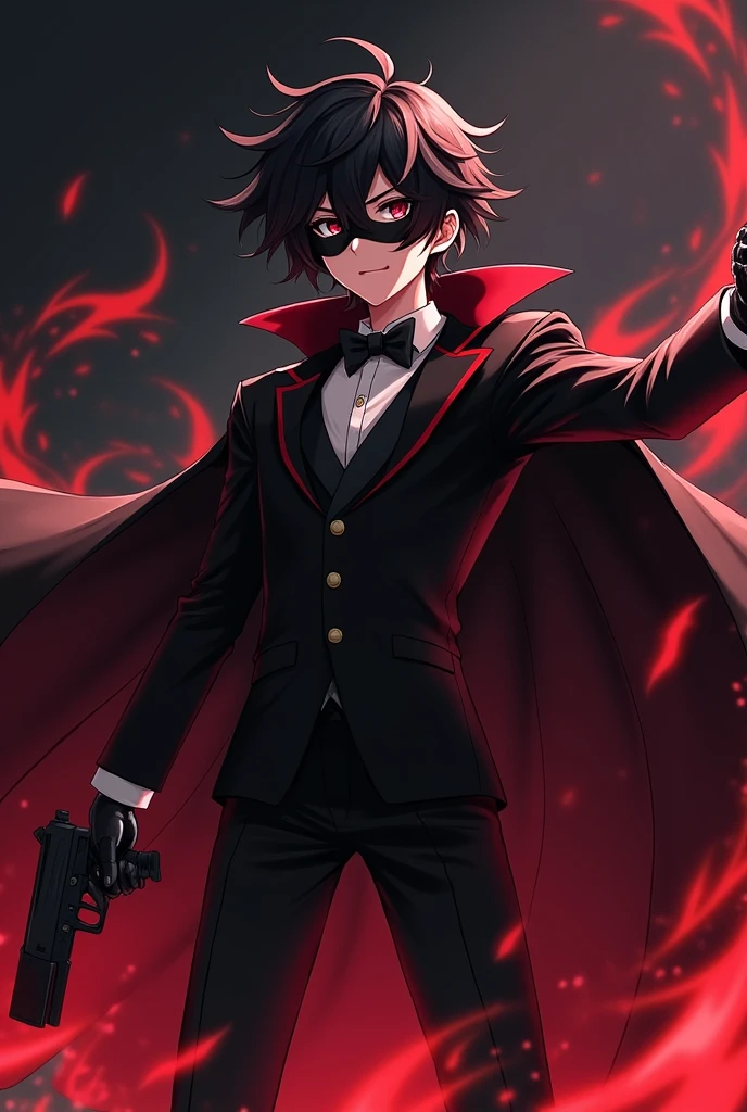 Clear! Here is a description of what the character could look like in anime style: 1. **hair**: I might have dark, messy hair, with pointed tips resembling flames or shadows, giving it a dynamic and powerful look. 2. **CLOTHES**: He would wear a long, dark cloak, maybe with red details, that floats dramatically around him. stylized in the shoulders and arms. 3. **Accessories**: I could wear a pair of gloves with shiny details, and maybe a mask that covers part of your face, adding a mysterious air. 4. **Posture**: I would be in an action pose, with arms outstretched, as if he were invoking power or controlling dark elements. 5. **bottom**: A dark background or red and black tones, that highlights the contrast with the character, giving a feeling of intensity and strength. He is young in a tuxedo-style suit and has a gun in his hand.