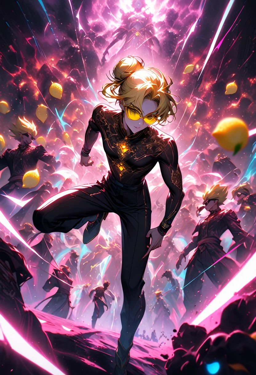 be ethereal, loose bun, lasts transparent bioluminescent, sexy big Sensual Goku sunglasses + Sarada Power, yellow hair spray curled full body posture, Kung Fu art low crouching perspective, emitting moody constellation of hues including brown, rot, pink neon , lemon, love it neon cyan, surrounded by a storm of luxurious light, explosão de laranjas e rots