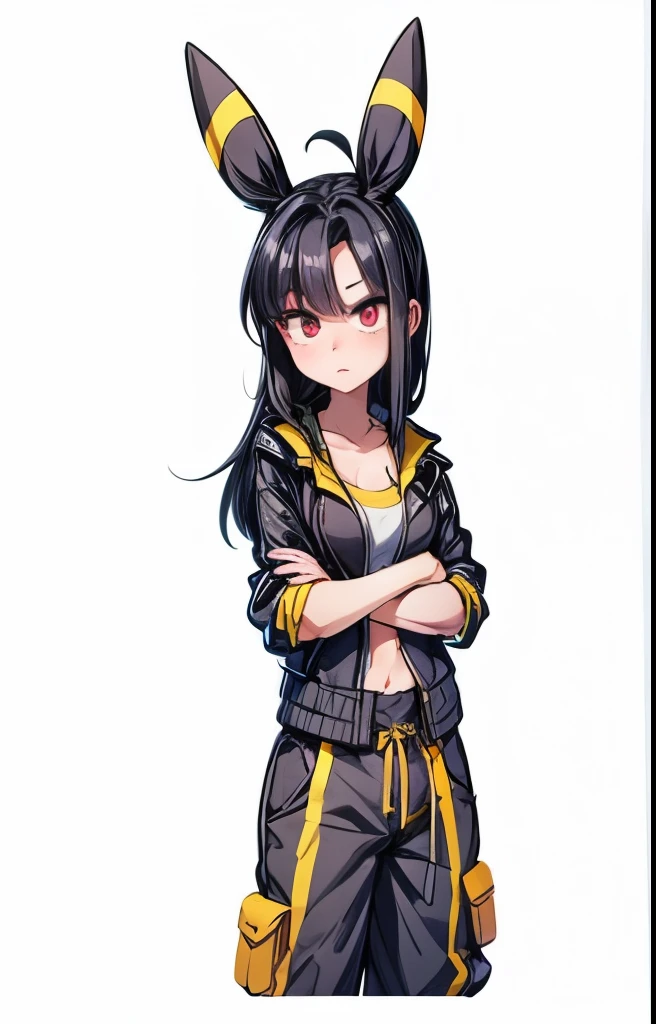 a girl with black hair, umbreon ears, red eyes, wearing black cargo shorts, pink sports bra, medium breasts, open black leather jacket, round ass, small hips, detailed face, beautiful detailed eyes, beautiful detailed lips, extremely detailed eyes and face, long eyelashes, photorealistic, 8k, high quality, hyperdetailed, cinematic lighting, dramatic colors, vibrant, moody, dark fantasy