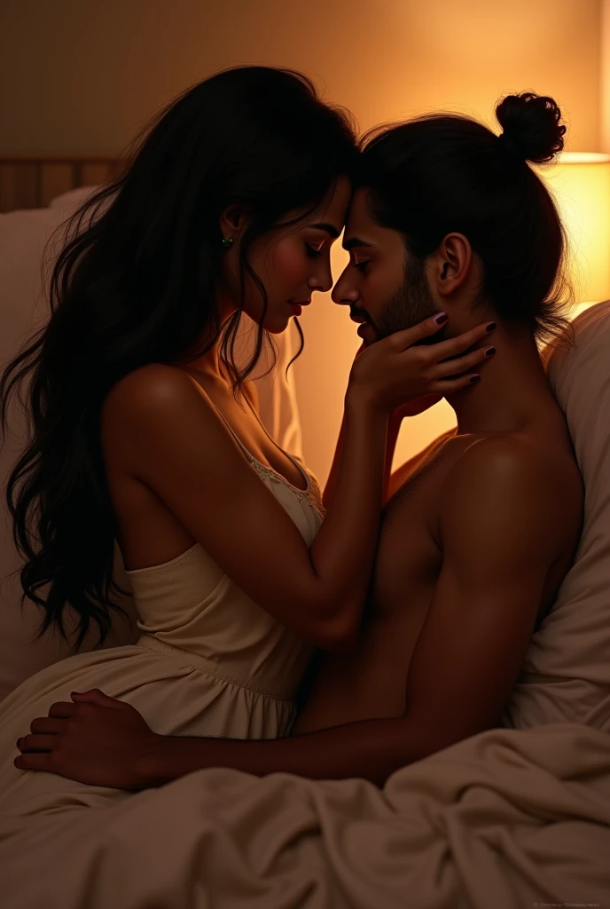 Create a image of a 25 year old indian girl in a room long black silky thick  hair in high bun hair style  her 24 year old couple romancing with each others on bed 