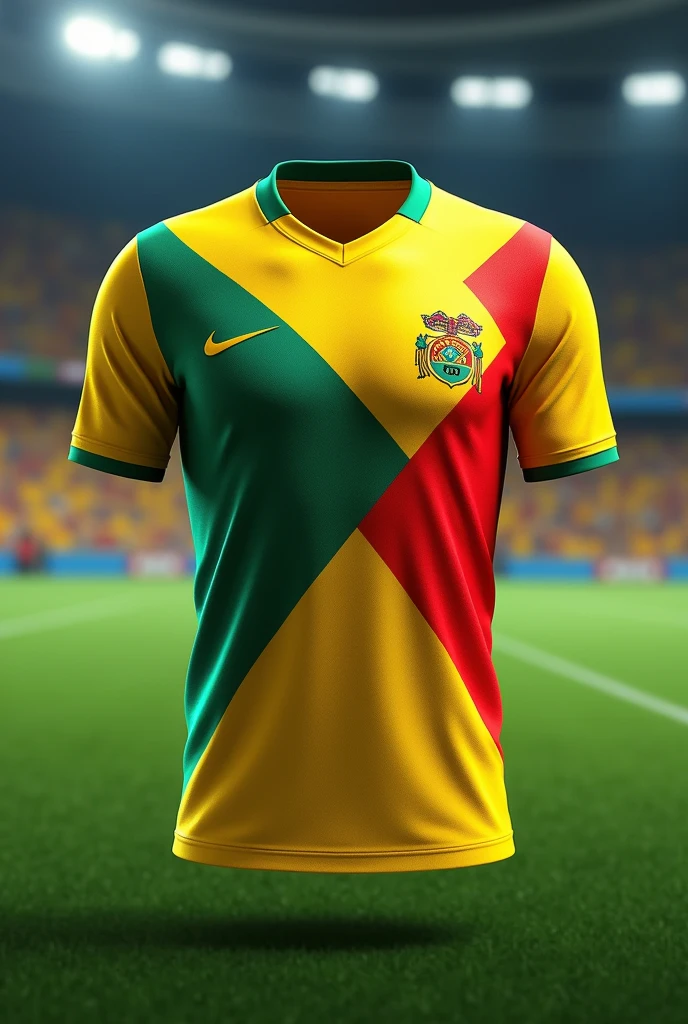 Football shirt with a new design that does not exist, using only yellow colors, green and red so that the design is clear on the front and back
