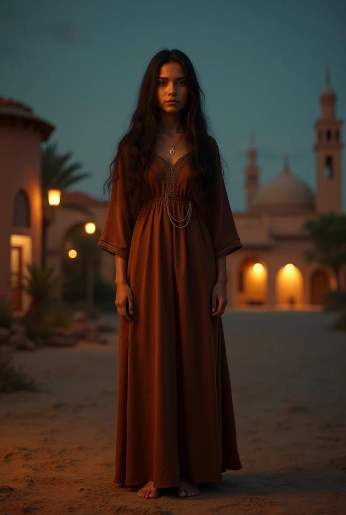 (une fille), marocaine, seule, cheveux longs, résistance (djellaba marocaine brune pied nu ), portrait (plan moyen), portrait, gros plan, point de vue, fond flou, fond (nuit, mosquée marocaine , maisons lointaines, fenêtres éclairées, plafond, Veilleuse), (image réaliste, haute qualité, meilleure qualité : 1,55),