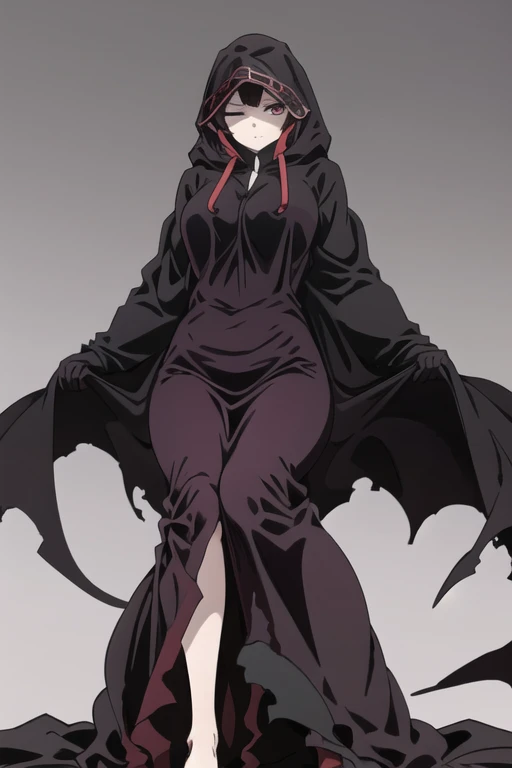 NNAssassinFSF, 1girl, solo, black hair, red eyes, long cape sleeves, sleeves covered hands, long skirt, no hands, dress, long cape, cape, black cloak, hood up, black robe, covered mouth, white gloves, hooded cloak, ((masterpiece, best quality)), from below, bed, laying down, eyes closed, groping breasts