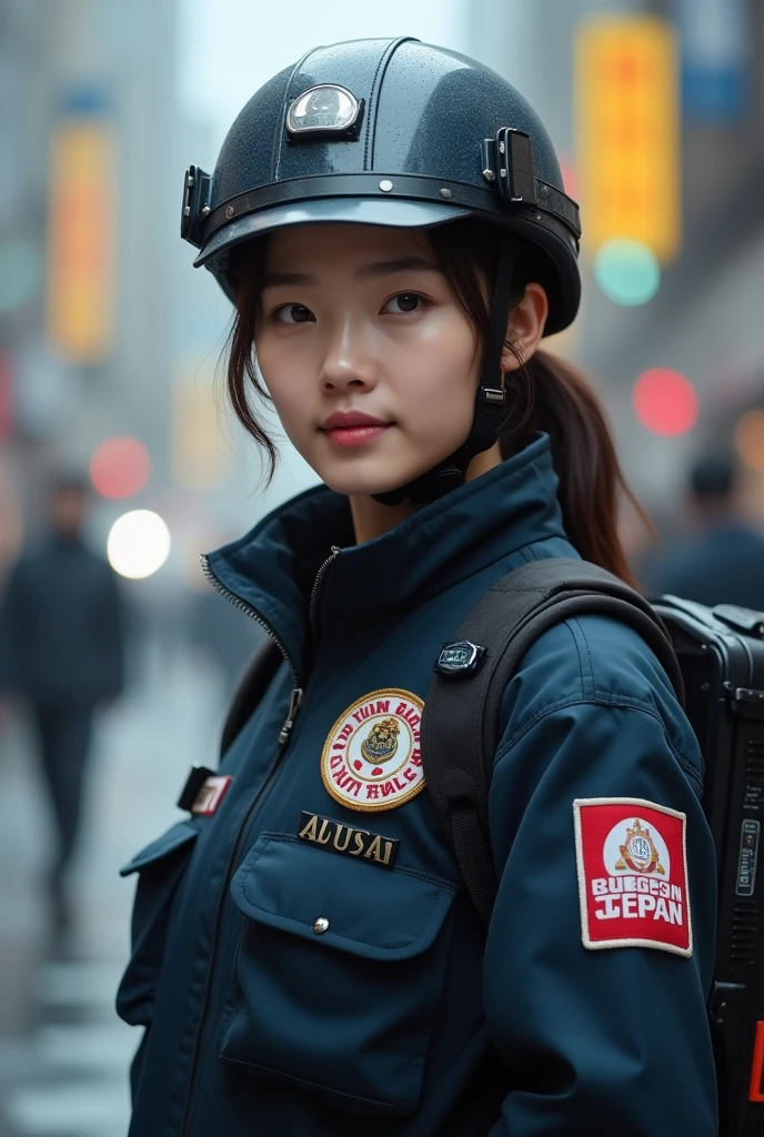 In Japan、people々A beautiful 20-year-old girl calls for disaster prevention measures。Disaster prevention specialist、High knowledge of disaster prevention。Wearing a helmet。Have a light。Hair is semi-long and in a ponytail。Similar to Namie Amuro。