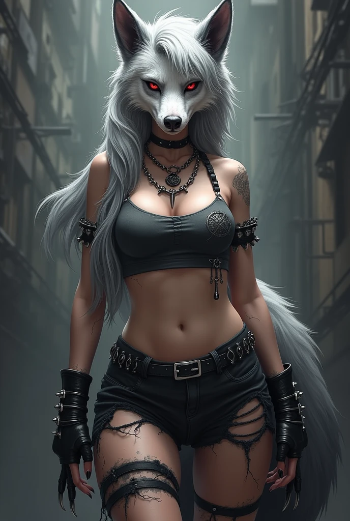 A hellhound with a wolf-like appearance. It has a pointed, dog-like snout with sharp teeth., pointed and a dark grey nose. His eyes have red sclera with white iris and he wears dark grey eyeshadow.. He has a piercing in his right eyebrow.

His fur is white with gray hair around his face., Grey patches on his shoulders and long, voluminous silver hair combed to one side revealing his dark grey ears.. Her left ear has two piercings., and on the right, a cut. She has a big bushy tail, Dark grey with white on the underside.

Her outfit features a black spiked collar.. Her tattered grey crop top, off the shoulder, It is held at the neckline by a series of crisscrossing spaghetti straps that form an inverted pentagram.. He is wearing shorts that are tattered on the shores, with a crescent moon design on the right side.

Loona wears fingerless gloves and black fingerless stockings as accessories., with its black claws protruding as a result of its digitigrade posture.